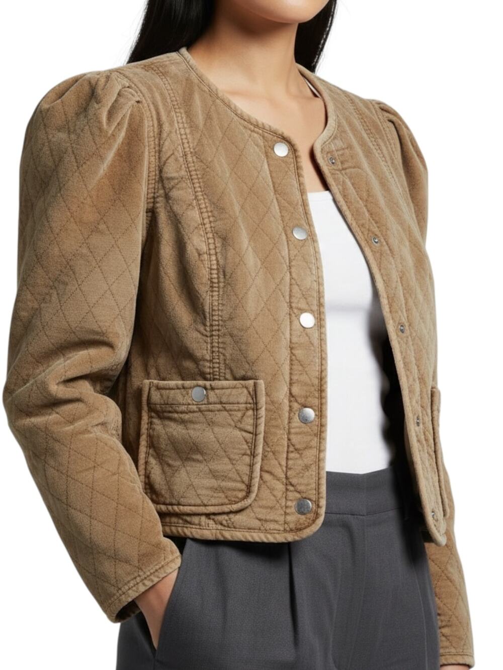 NEW Veronica Beard Camilla Quilted Jacket Puff Sleeves Tan Sierra Size XS